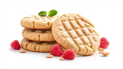 Delicious Peanut Butter Cookies Stacked with Raspberries and Mint Leaves on White Background