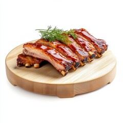 Delicious Roasted Ribs BBQ Style on a Round Wooden Board with Garnish Perfect for Food Photography