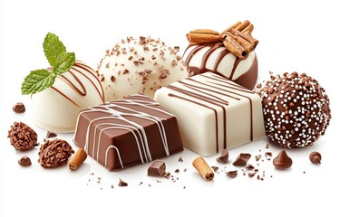 Elegant Chocolate Assortment Featuring Truffles and Coated Confections with Mint Leaf Presentation