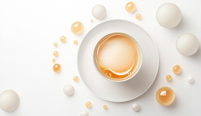 Elegant Composition of Coffee Cup on Saucer Surrounded by Pearl Like Spheres Creative Still Life