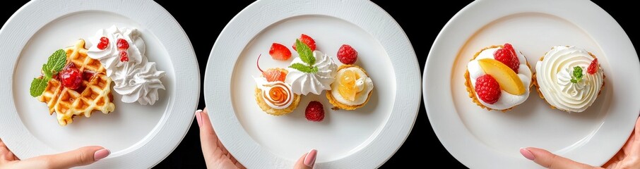 Elegant Dessert Plates with Waffles Fruit and Cream Dessert Still Life Culinary Art Display