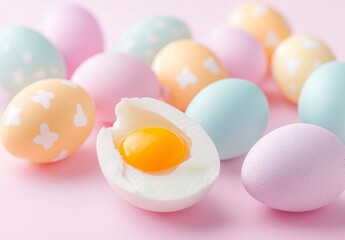 Elegant Pastel Easter Eggs and One Half displaying Yolk in a Soft Pink Palette Scene Still Life