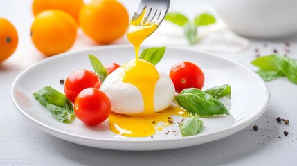 Elegant Plate Displaying Burrata Cheese with Tomatoes Basil and Yellow Sauce Drizzled by Silver Fork