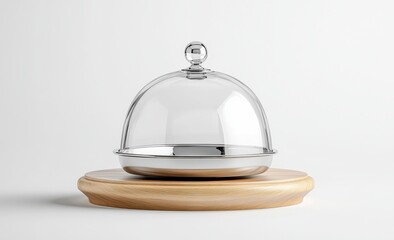 Elegant Presentation Silver Cloche Dome Cover on Wood Base Food Service Display for Special Meal