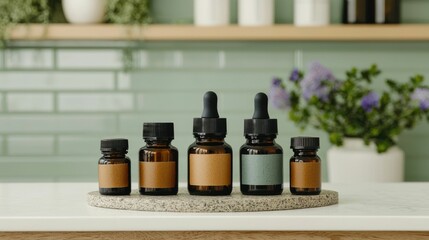 Collection of natural herbal remedies essential oils and homeopathic products displayed neatly on a table showcasing various holistic and alternative medicine options for health and wellness