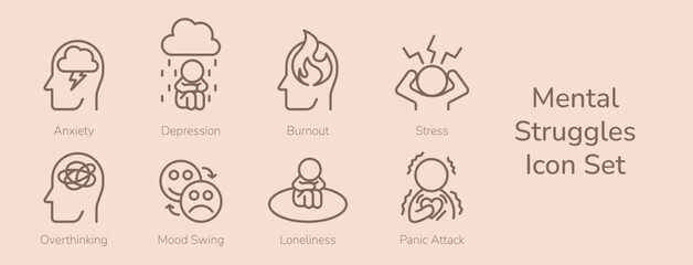 Mental Health Icon Set. Mental Struggles. Stress, Anxiety, Burnout, Depression, Loneliness, Overthinking, Panic Attack, Mood Swing. Minimal Line Style