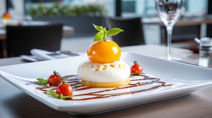 Food Art Plate Presentation with Cheese and Tomato Arrangement Served at Restaurant Dining Table