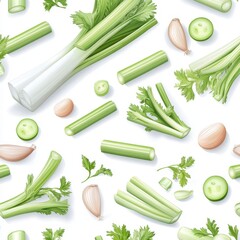 Fresh Celery Sticks and Vegetables Still Life Composition Healthy Culinary Presentation Close Up Detail