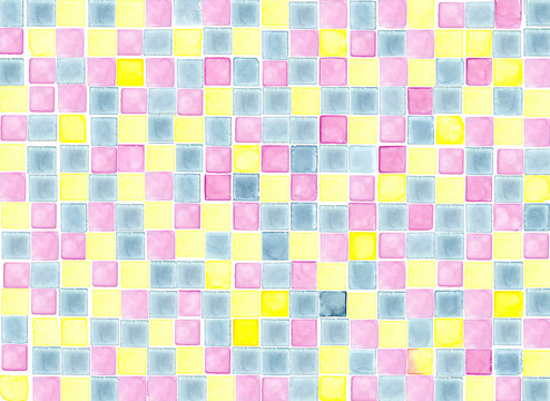 Abstract watercolor background with colorful geometric tiles and squares