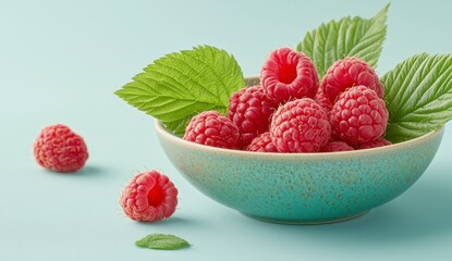 Fresh Raspberries in Bowl with Green Leaves Still Life Bright Light Berry Food Healthy Eating