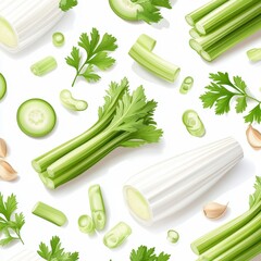 Freshness of Green Celery Sticks and Bulb Vegetables An Array of Culinary Ingredients Still Life