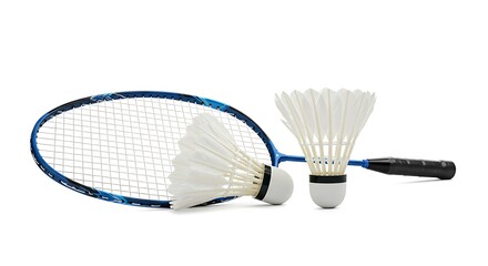 A classic blue badminton racket and two white feathered shuttlecocks are neatly arranged and isolated on a pristine white background.
