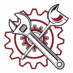 Vector illustration of gear and wrench symbol representing electronics maintenance, isolated on white background