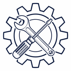 Vector illustration of gear and wrench symbol representing electronics maintenance, isolated on white background