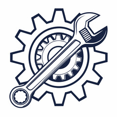Vector illustration of gear and wrench symbol representing electronics maintenance, isolated on white background