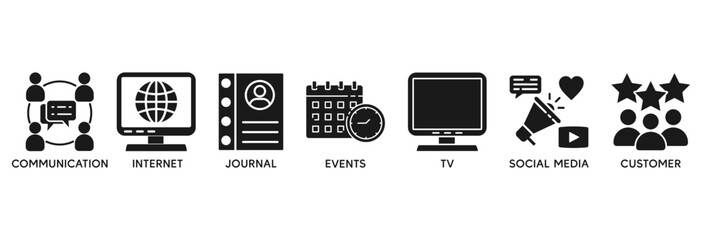 Public relations icon set vector illustration concept relate to communication, internet, journal, events, radio, tv, social media, and customer