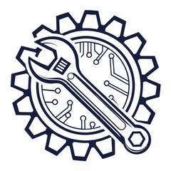 Vector illustration of gear and wrench symbol representing electronics maintenance, isolated on white background