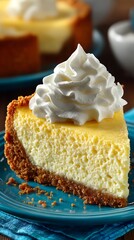 Creamy lemon cheesecake with graham cracker crust topped with whipped cream on a blue plate.