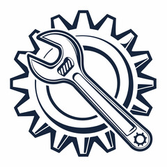 Vector illustration of gear and wrench symbol representing electronics maintenance, isolated on white background