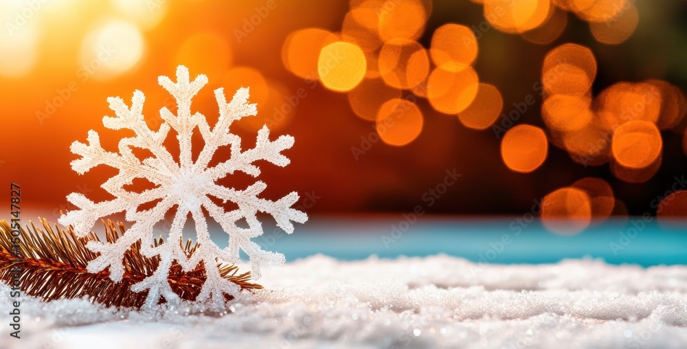Poster a snowflake ornament rests on soft snow with a backdrop of glowing bokeh lights, creating a warm, fe
