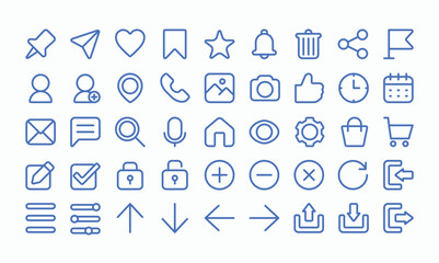 essential UI icons for web and mobile apps. Includes profile, message, upload, calendar, search, setting, home, cart, logout and more. Clean vector set for UI UX and dashboard design. 
