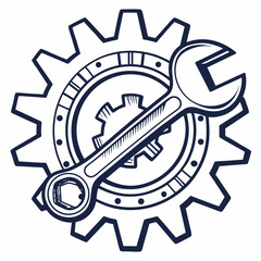 Vector illustration of gear and wrench symbol representing electronics maintenance, isolated on white background
