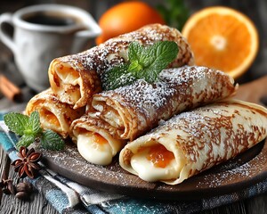 Delicious crepes filled with cream and orange jam topped with powdered sugar and fresh mint leaves on a rustic wooden table with oranges