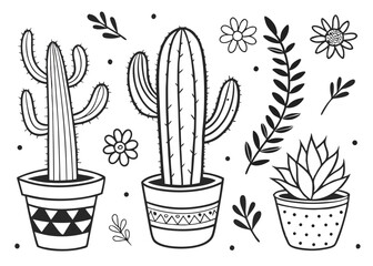 Hand-Drawn Cactus & Succulent Doodle Vector Set – Cute Botanical Illustrations for Stickers, Prints & Decor