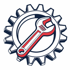Vector illustration of gear and wrench symbol representing electronics maintenance, isolated on white background
