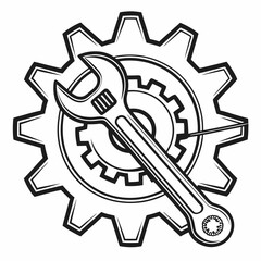 Vector illustration of gear and wrench symbol representing electronics maintenance, isolated on white background