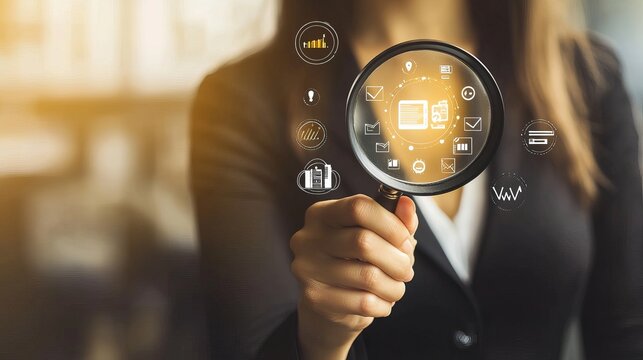Woman holding a magnifying glass with digital icons floating around it in a blurred background scene