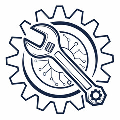 Vector illustration of gear and wrench symbol representing electronics maintenance, isolated on white background