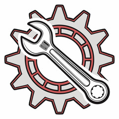 Vector illustration of gear and wrench symbol representing electronics maintenance, isolated on white background