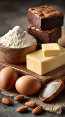 Rich chocolate brownies stacked with white butter and flour bowl, eggs, almonds, and coconut on rustic wooden surface