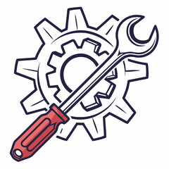 Vector illustration of gear and wrench symbol representing electronics maintenance, isolated on white background