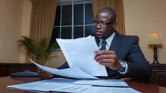Portrait of a Focused Businessman Reviewing Documents in his Office