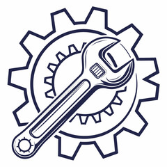 Vector illustration of gear and wrench symbol representing electronics maintenance, isolated on white background