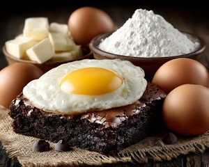 Fried egg on a piece of chocolate cake with eggs white flour and butter in the background on a rustic wooden surface