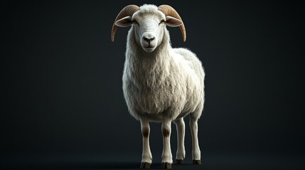 Obraz premium A full body shot of a white sheep with curved horns standing against a dark gray gradient background