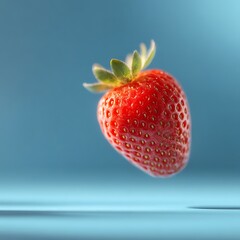 Close-up of a ripe red strawberry with green leafy cap floating above clear water surface isolated on blue background