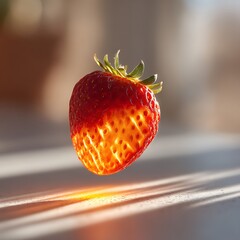 Vibrant red strawberry with green leafy cap floating above sunlight illuminated surface in a bright kitchen setting
