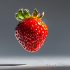 Fresh ripe strawberry with tiny seeds and green leafy stem isolated on smooth gray background