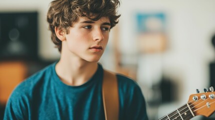 Portrait of a young male musician composing music in a bright and creative room with various musical instruments and scattered notes around him  The image depicts the concept of talent passion