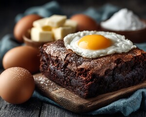 Golden-brown meatloaf with a fried egg on top surrounded by eggs, butter, flour, and a rustic wooden table with a cloth backdrop