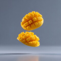 Juicy ripe mango cut in half with a grid pattern on a plain background with soft lighting and shadow
