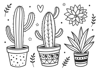 Hand-Drawn Cactus & Succulent Doodle Vector Set – Cute Botanical Illustrations for Stickers, Prints & Decor
