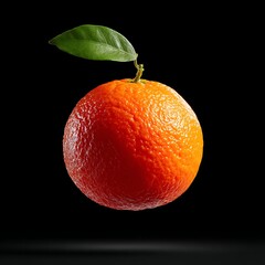 Juicy orange with textured skin and a green leaf attached, set against a black background with subtle shadow