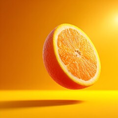 Juicy orange half with vibrant color against bright yellow background bright sunlight and fresh citrus fruit
