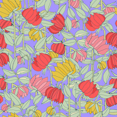Seamless pattern with hand drawn meadow bold flowers. Colorful illustrations on blue background for surface design and other design projects