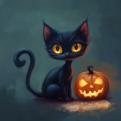 A sleek black cat with bright yellow eyes and a mischievous grin. Its tail curls playfully, and it sits beside a glowing jack-o'-lantern